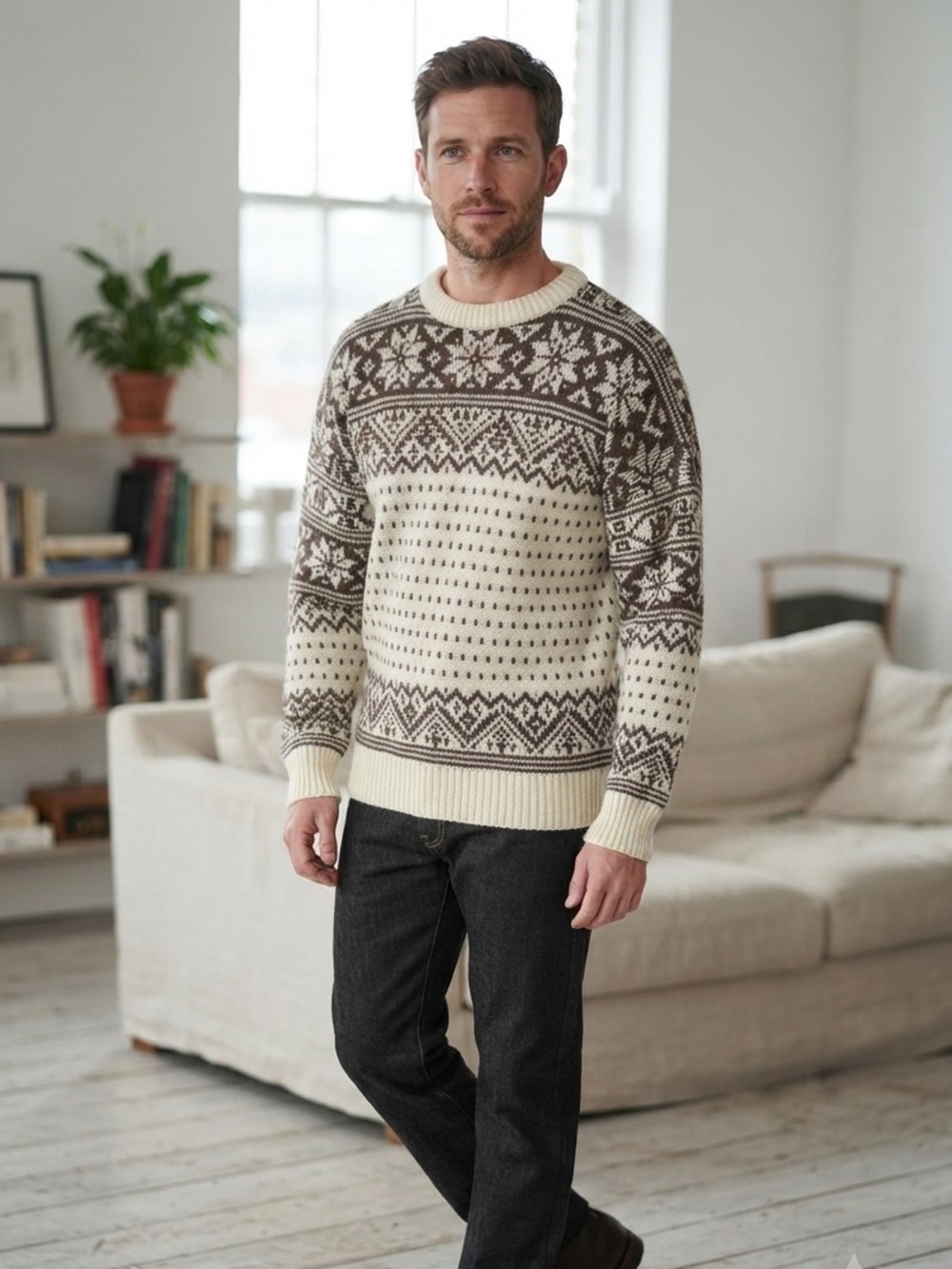 VINTAGE Cream and Brown Nordic Crewneck Sweater